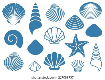 Набор различных синих морских раковин и морских звезд
