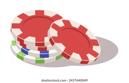 Set of various board games chips. Collection of red, green and blue poker coins. Try your luck to win. Isolated on white background. Isometric vector illustration