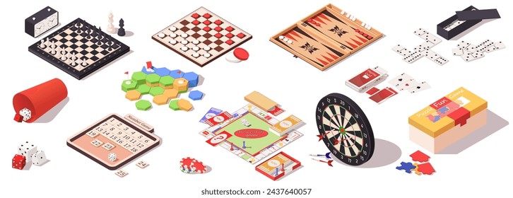 Set of various board games. Collection of chess, checkers, backgammon, darts, domino, playing cards, dice, poker. Isolated on white background. Isometric vector illustration