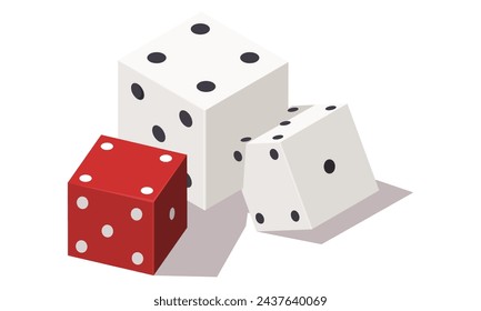 Set of various board games dices. Collection of white huge and medium, red cube. Try your luck to win. Isolated on white background. Isometric vector illustration