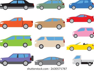 Set of various body types car side view simple illustrations