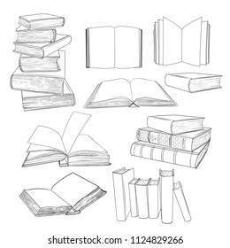 
A set of various books. Linear vector drawing of books. Isolated elements in sketch style.  Hand-drawn vector illustration.