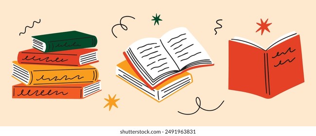 Set of various books, a stack of books vector illustration stickers in cartoon groovy funky retro style. Read more books, World Book Day design concept flat modern education elements, Back to school
