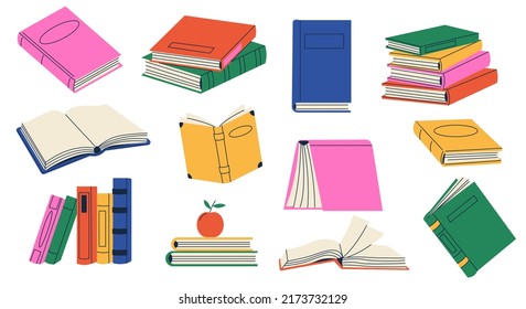 Set of various books, stacks of books, notebooks. Hand drawn educational vector isolated set.  Vector hand drawn books.