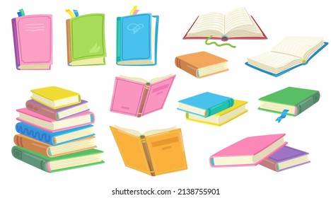 Set of various books. They are open and closed, lying in heaps and singly, and ready for education. In cartoon style. Isolated on white background. Vector flat illustration
