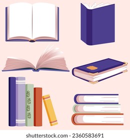 Set of various books. They are open and closed, lying in groups and individually. Vector illustration.