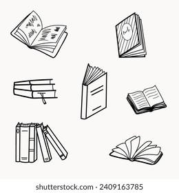 Conjunto de libros diversos. Están abiertos y cerrados, tendidos en montones y por separado, y listos para la educación. Aislados sobre fondo blanco. Ilustración del doodle vectorial