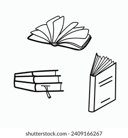 Set of various books. They are open and closed, lying in heaps and singly, and ready for education.Isolated on white background. Vector doodle illustration