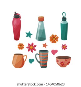 Set of various bottles and cups. Vector illustration.