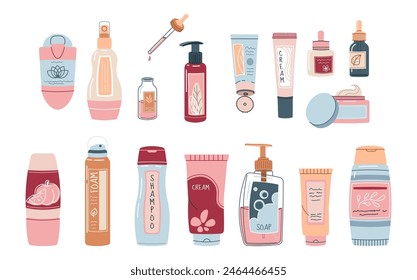 Set of various bottles on an isolated background. Cream, lotion, oil, shampoo for personal care. Beauty products for face and body skin care.