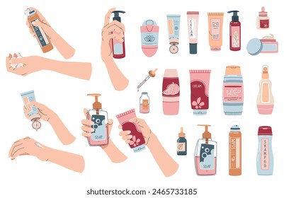 Set of various bottles on an isolated background. Hands holding cream, lotion, oil, shampoo for personal care. Beauty products for face and body skin care.