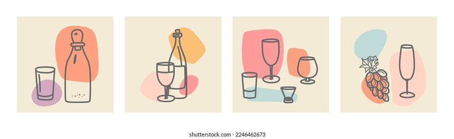 Set of various bottles and wine glasses with colorful spots. Ink painting style. Hand drawn vector illustrations. Minimalistic elegant concept. All elements are isolated.