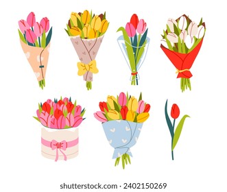 Set of various bouquets of tulips. Flowers in wrapping paper. Floral design templates for Women's and Mother's Day. Flat vector illustration

