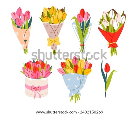 Set of various bouquets of tulips. Flowers in wrapping paper. Floral design templates for Women's and Mother's Day. Flat vector illustration

