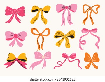 Set of various bow knot accessories, different types of gift ribbons decorative elements for christmas, new year, birthday presents vector illustration in cartoon retro groovy style. Coquette stickers