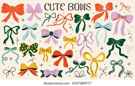 Set of various bow knot accessories, different types of gift ribbons decorative elements for christmas, new year, birthday presents vector illustration in cartoon retro groovy style. Coquette stickers