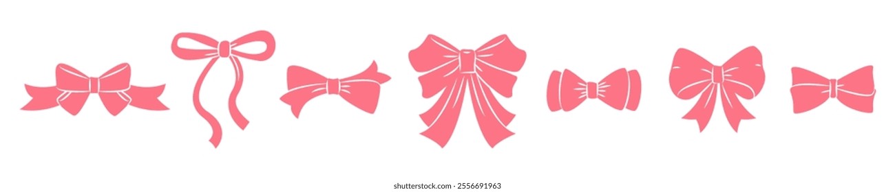 Set of various Bow Knots, Gift Ribbons. Bowknots Decorative elements for Christmas, New Year, Coquette Stickers, Valentine Day, Birthday presents, Baby Shower