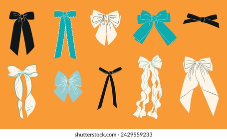 Set of various bow knots. Hand drawn vector illustrations. Wedding celebration, holiday, party decoration, gift, fashion accessory concept.