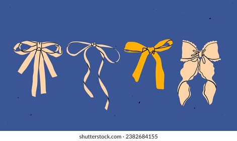 Set of various Bow knots, tie ups, gift bows. Hand drawn Vector illustration. Isolated colorful design elements. Wedding celebration, holiday, party decoration, gift, present concept. Pastel colors