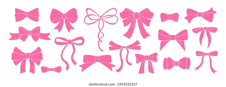 Set of various bow knots, tie ups, gift ribbons. Hand Bow knots, tie ups, gift ribbons. Gift bows, pink ribbons. Festive decoration, invitation elements, packaging for sale shopping, wedding, birthday