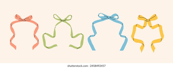 Set of various Bow knots, tie ups, gift bows. Hand drawn Vector illustration. Isolated colorful design elements. Wedding celebration, holiday, party decoration, gift, frame, border, present concept