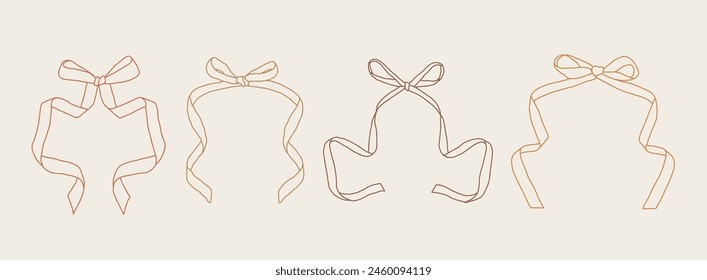 Set of various Bow knots, tie ups, gift bows. Hand drawn Vector illustration. Isolated outline design elements. Wedding celebration, holiday, party decoration, gift, frame, border, present concept