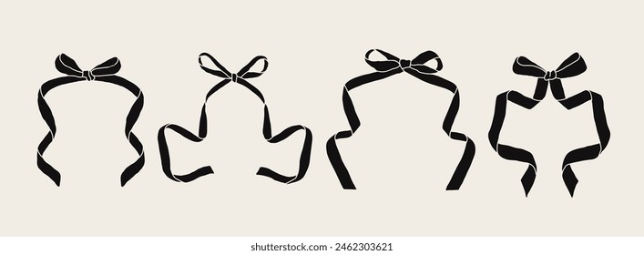 Conjunto de varios nudos de arco, lazos, arcos de regalo. Ilustración vectorial dibujada a mano Elementos de diseño negros aislados. Celebración de la Boda, día de fiesta, decoración de fiesta, regalo, marco, borde, presente concepto