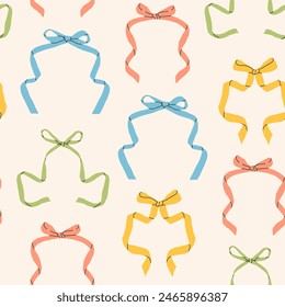 Set of various Bow knots, tie ups, gift bows. Hand drawn Vector illustration. Wedding celebration, holiday, party decoration, gift, frame, border, present concept. Square seamless Pattern, background