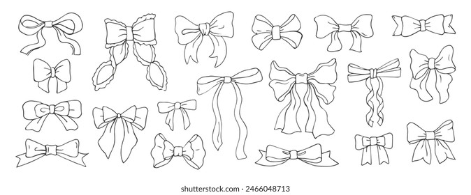 Set of various bow knots, tie ups, gift ribbons. Hand Bow knots, tie ups, gift ribbons. Gift bows, doodle style. Festive decoration, invitation elements, packaging for sale shopping, wedding design