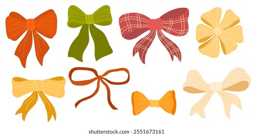 Set of various Bow knots, tie ups, gift bows. Wedding celebration, holiday, party decoration, gift, frame, border, present concept Hand drawn Vector illustration. Isolated colorful design elements. 