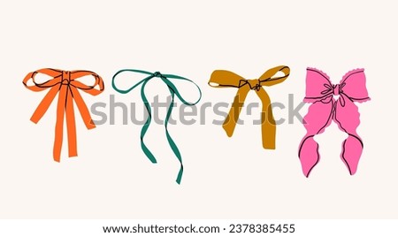 Set of various Bow knots, tie ups, gift bows. Hand drawn Vector illustration. Isolated colorful design elements. Wedding celebration, holiday, party decoration, gift, present concept