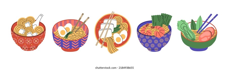 Conjunto de varios cuencos y palillos con diferentes recetas de ramen. Fideos calientes con champiñones, gambas, tofu, huevos. La comida tradicional asiática popular. Ilustración vectorial dibujada a mano. Estilo de caricatura plano.