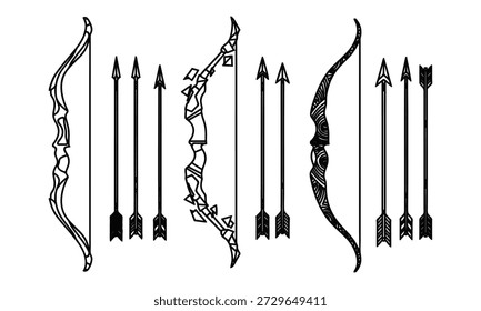 Set of various bows and arrows for drawing and design illustrations
