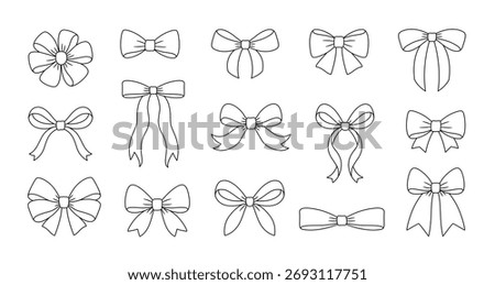 Set of various bows, black and white doodle, gift ribbons. Hand drawn line art style. Hair accessories. Bow knots for gift wrapping. Ideal for cards, packaging, and festive decorations. Vector