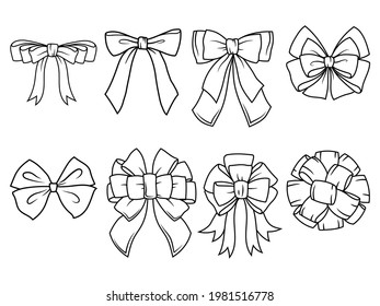 Set of various bows. Collection of elegant ribbons with bow for hair, presents for clothes. Colored vector illustration for packing a holiday gift.