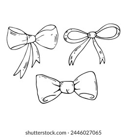 Set of various bows in doodle style, gift ribbons. . Hand drawn vector illustration.