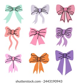 Conjunto de varios arcos, cintas de regalo. Bowknots en estilos planos y dibujados a mano. Ilustración vectorial de moda. Accesorio para el cabello. Arcos para el envoltorio del regalo