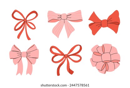 Conjunto de varios arcos, cintas de regalo. Bowknots en estilos planos y dibujados a mano. Ilustración vectorial de moda. Accesorio para el cabello. Nudos de arco para envolver regalos