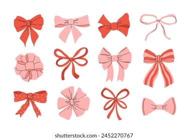 Set of various bows, gift ribbons. Bowknots in hand-drawn and flat styles. Fashionable vector illustration. Hair accessory. Bow knots for gift wrapping