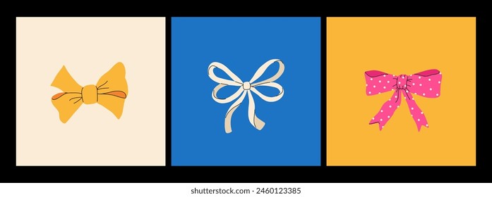 Set of various bows, gift ribbons. Bowknots in hand-drawn and flat styles. Fashionable vector illustration. Hair accessory. Bow knots for gift wrapping