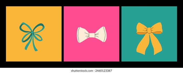 Set of various bows, gift ribbons. Bowknots in hand-drawn and flat styles. Fashionable vector illustration. Hair accessory. Bow knots for gift wrapping
