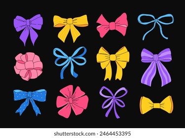 Set of various bows, gift ribbons. Bowknots in hand-drawn and flat styles. Fashionable vector illustration. Hair accessory. Bow knots for gift wrapping