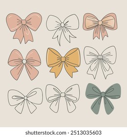 A set of various bows, gift ribbons. A fashionable accessory for braiding hair. A vector illustration drawn by hand.