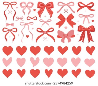 Set of various bows, gift ribbons, hearts, love icons. Bowknots. Fashionable vector illustration. Hair accessories. Bow knots for gift wrapping. Gift bows, magic bow illustration. Celebration, party