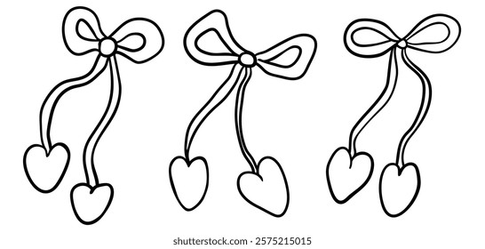 Set of various bows, gift ribbons, bowknots in doodle style. Hand-drawn vector illustration elements, stickers for holiday, birthday party, Valentines day, Christmas present wrapping decoration. 