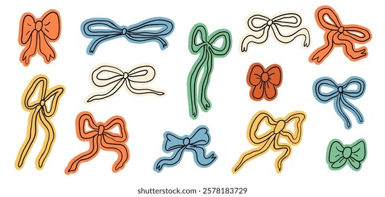 Set of various bows, gift ribbons, bowknots in doodle style. Hand-drawn vector illustration elements, stickers for holiday, birthday party, Valentines day, Christmas present wrapping decoration.
