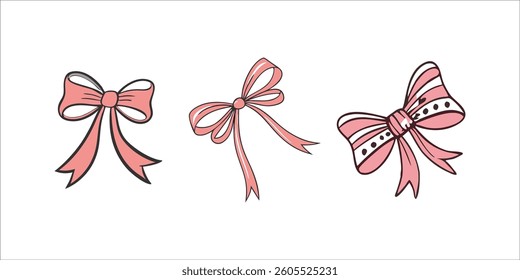 Set of various bows, gift ribbons. Bowknots in hand-drawn and flat styles. Hair accessory. Bow knots for gift wrapping