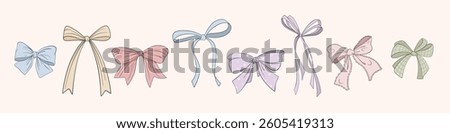 Set of various bows, gift ribbons. Bowknots hand drawn . Fashionable vector illustration. Hair accessories. Bow knots for gift wrapping. Gift bows, magic bow illustration. Celebration, party