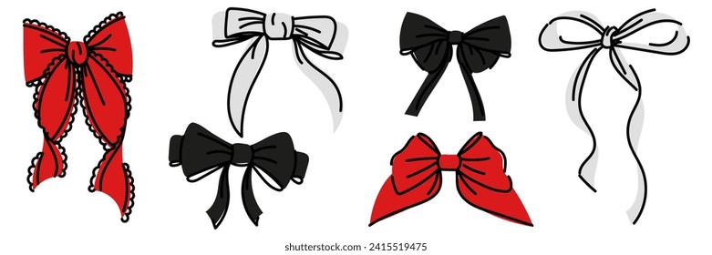 A set of various bows, ties, gift bows. Vector illustration, hand-drawn. Individual colorful design elements. Wedding celebration, holiday, party decoration, gift, gift concept. Red black white colors