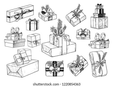 
A set of various boxes and packages with gifts.  Vector vintage illustration.Isolated objects on white background, sketch, clipart.